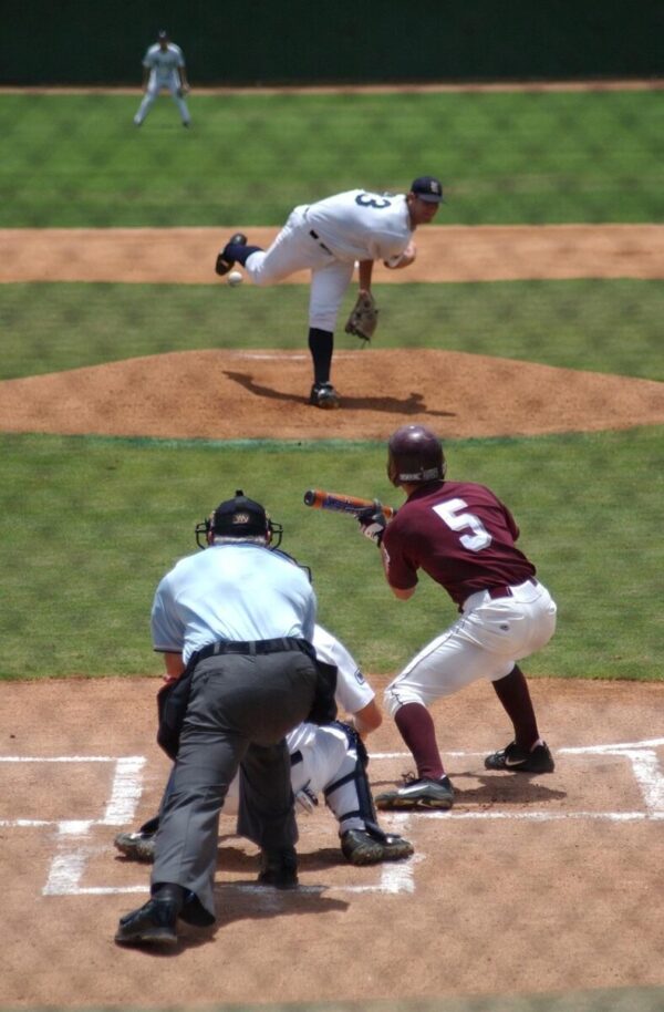 baseball, baseball player, pitcher, throwing, umpire, batter, hitter, game, ball, sport, sports balls, activity, team, college, batter's box, action, playing, competition, field, pitcher's mound, bunt, home plate, infield, baseball diamond, catcher, baseball catcher, baseball, baseball, baseball, baseball, baseball, umpire, sport, baseball diamond